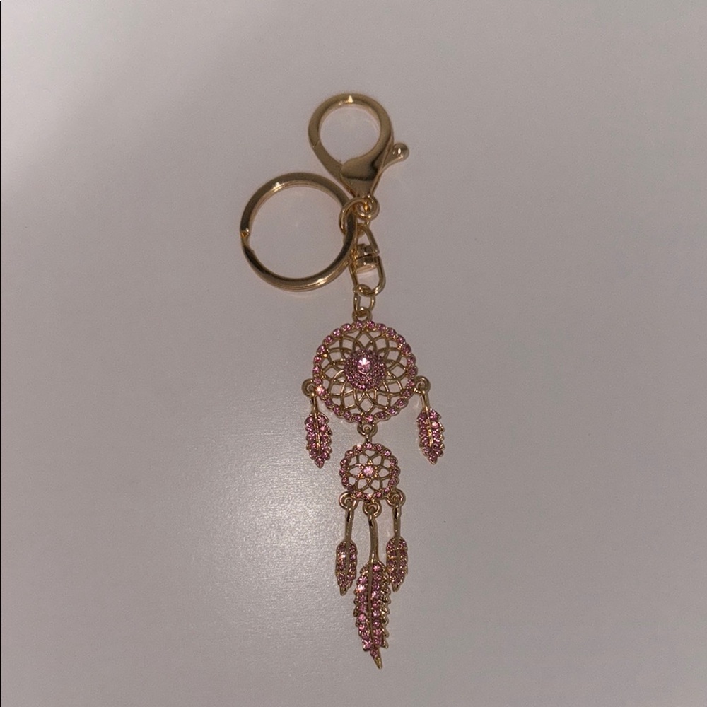 Pink and Gold Rhinestone Studded Dreamcatcher Keychain Charm